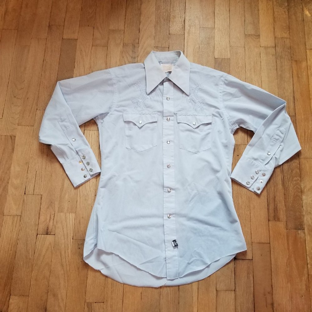 Vintage 70's Western Cowboy Pastel Blue Pearl Snap Men's Button Up Shirt - Picture 10 of 10